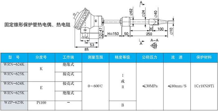 電站測溫專用熱（rè）電偶固定錐形保（bǎo）護（hù）管規格表